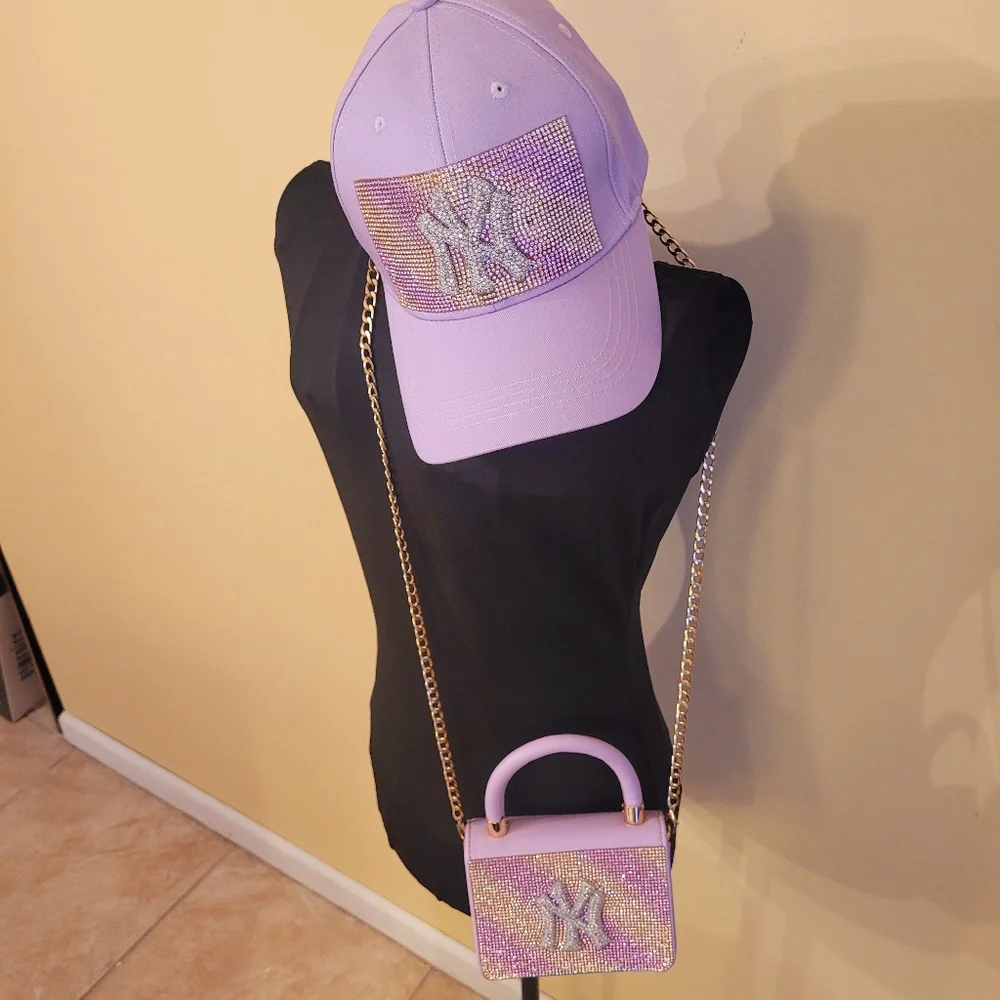 Lavender Rhinestone NY-Inspired Baseball Cap and Mini Bag Set - Picture 2 of 11